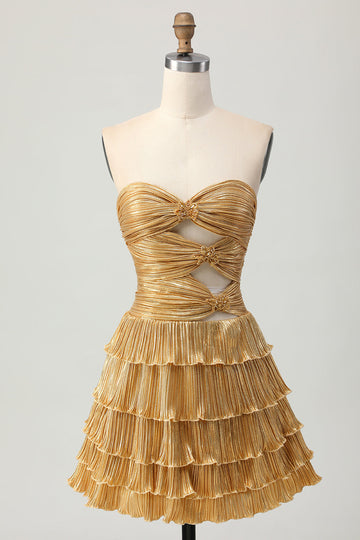 Metallic Golden A Line Sweetheart Ruffled Short Cocktail Dress